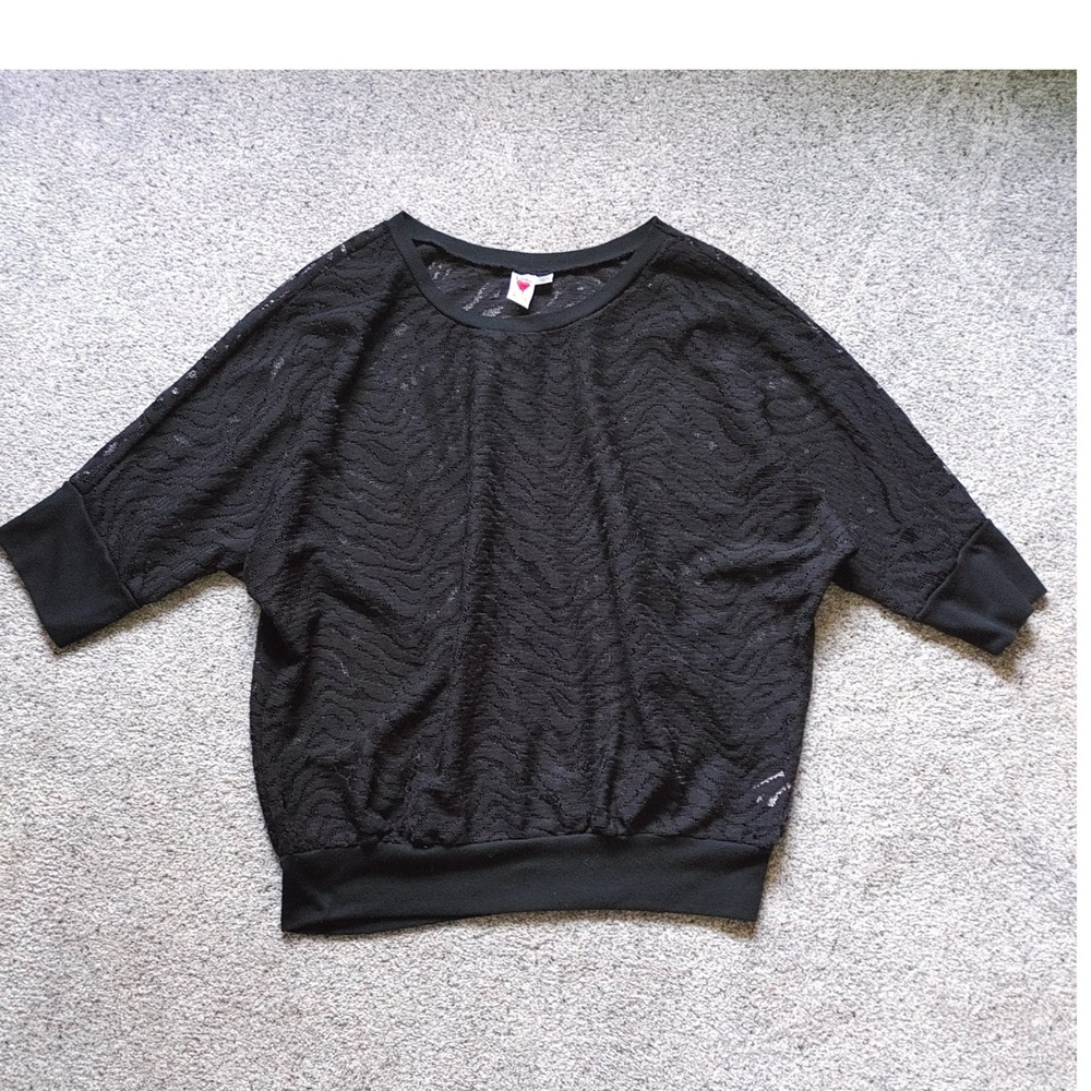 Love Rocks Black Lace Dolman Top XL Wavy Texture Sheer Whimsygoth Dark Academia